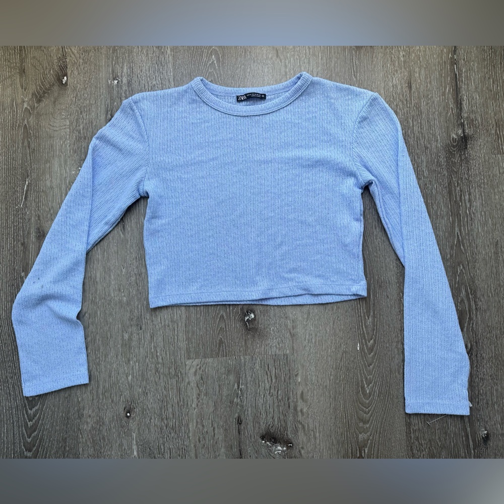 ZARA Blue Ribbed Knit Cropped Long Sleeve Top Size M